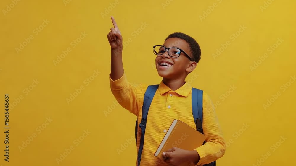 Poster Smiling pupil wearing glasses and backpack is pointing upwards with index finger while holding book on yellow background, back to school concept