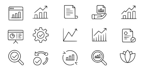 Minimalist line art icons depicting business analytics and growth finance data