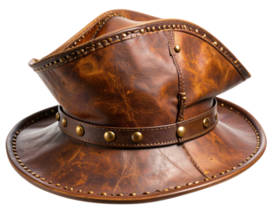 Weathered Brown Leather Pirate Tricorn Hat with Torn Edges, isolated on transparent background