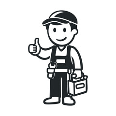 Cartoon handyman holding toolbox and giving thumbs up
