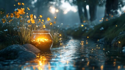 Glowing Jar Of Coins By A Forest Stream