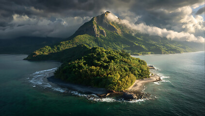  A perfect triangular island in the middle of an ocean, lush greenery on top