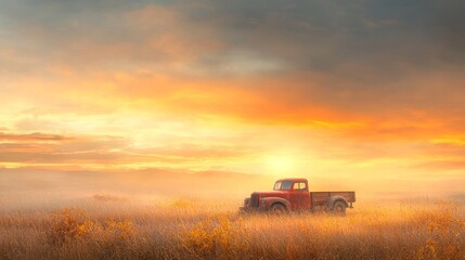 Obraz premium Rustic red truck against a vibrant sunset serene field landscape nature photography tranquil atmosphere