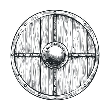 Wooden viking shield with metal boss and rivets - hand-drawn illustration
