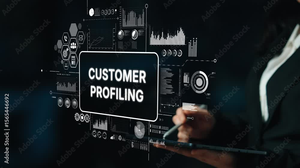 Poster analyzing customer data for strategic profiling insights and business growth in the digital era. asy