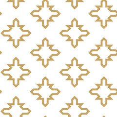 Geometric vector seamless pattern with crossed lines, triangles, squares abstract background. Simple minimalistic gold and white design. Single color, gold and white.