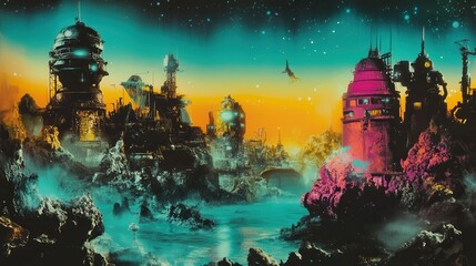 Futuristic cityscape on a strange, otherworldly landscape.