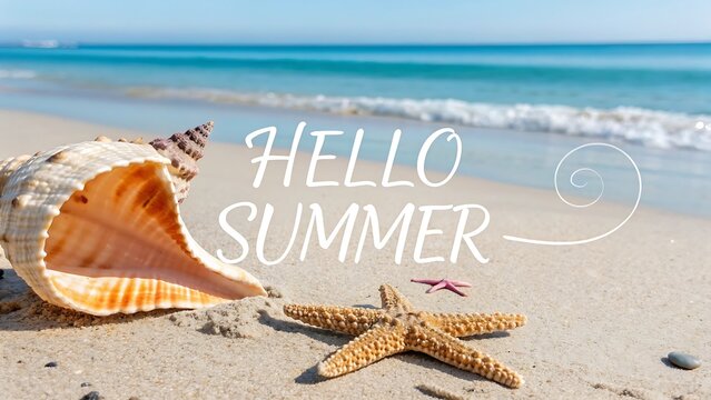 Sandy Beach Seashell Starfish Hello Summer ocean