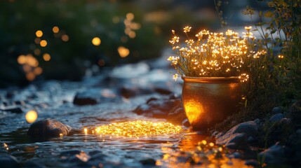 Illuminated Flowers In Golden Pot By River