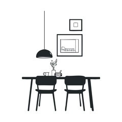 Minimalist dining room with table, chairs, and wall art in monochrome design