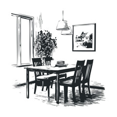Black and white sketch of a dining room with wooden table and chairs