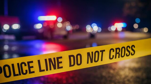 Police line do not cross tape at night with flashing lights creates a sense of danger and foreboding, ideal for crime and mystery related projects.