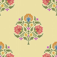 Traditional Indian Floral Motif Seamless Pattern, digital and textile print design for wallpaper, rug, fabric