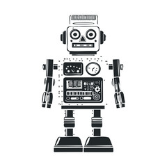 Fototapeta premium Retro black and white robot illustration with vintage design elements