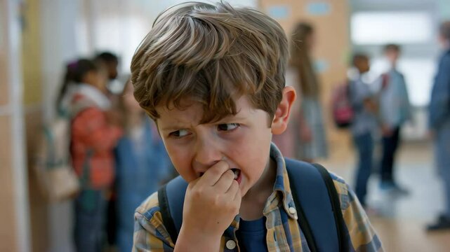 Anxious boy with hand to face feeling nervous in a crowded school hallway, concept of childhood stress, social anxiety, back-to-school pressure, and student emotions