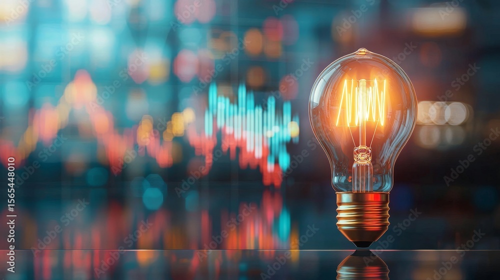 Poster illuminating innovation light bulb and data visualization in a modern office setting