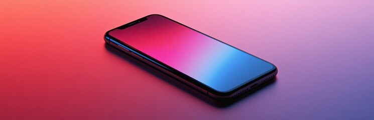 This image features a modern smartphone lying on a colorful gradient background, with vibrant reflections enhancing its sleek design and minimalist aesthetics.