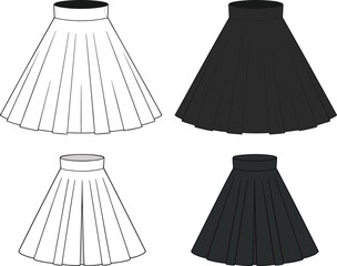 Pleated mini and midi skirt vector fashion flat sketch in black and white, front and back views for design presentation.