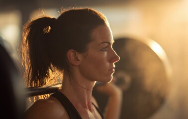 Naklejka premium A woman lifts heavy barbell weights with intense focus and visible effort, her expression showing the full exertion needed to build physical strength.