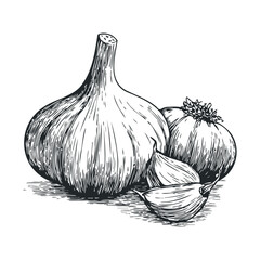 Sketch of garlic bulb and cloves with tomato in black and white