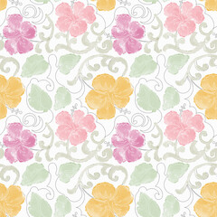 Watercolor Hibiscus Flowers Seamless Pattern, digital and textile print design for wallpaper, rug, fabric