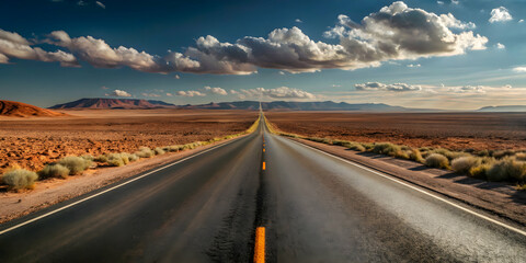 Long desert road to horizon under clear blue sky