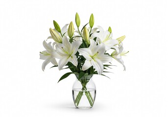 Elegant Lily Bouquet: A captivating collection of pristine white lilies arranged in a transparent vase, exuding grace and serenity, perfect for expressing heartfelt sentiments.