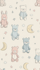 Cute seamless pattern with teddy bear and bunny in pajamas, moon, stars, and clouds, creating cozy and dreamy atmosphere