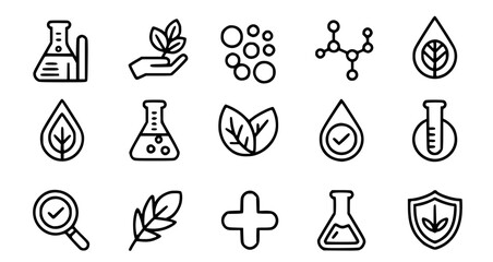 Organic science and nature icons with laboratory equipment and leaves research © Mehedy