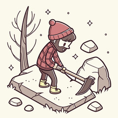 Cartoon Lumberjack Chopping Rocks – Bearded Man in Forest with Pickaxe Illustration