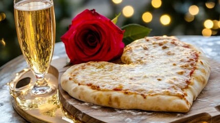 Heart-shaped pizza with champagne and rose on festive table  