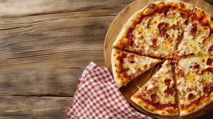 Pepperoni pizza slices on a wooden board with checkered napkin  