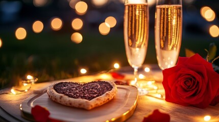 Romantic dessert with champagne and rose petals under twinkling lights  