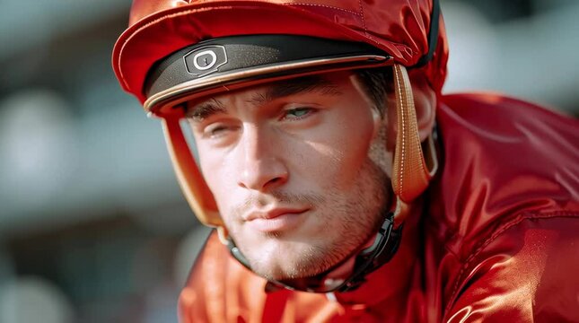 A focused jockey in a red helmet, ready for the horse race.