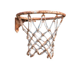 Vintage Basketball Hoop with Rusty Net Hanging on a Wall Showcasing Wear and Tear in Urban Environment