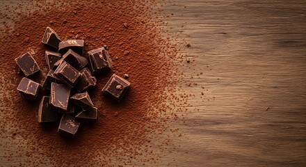 Dark chocolate pieces with cocoa powder on wooden background