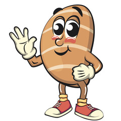 cute salted butter roll mascot cartoon vector illustration wave hands, bakery bread character with happy face and red shoes isolated on transparant backnground, work of hand drawn