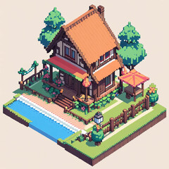 Naklejka premium Charming Pixel Art Lakeside Cottage Illustration