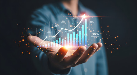 A person's hand hovers over a glowing, digital graph, showcasing upward growth and financial success.