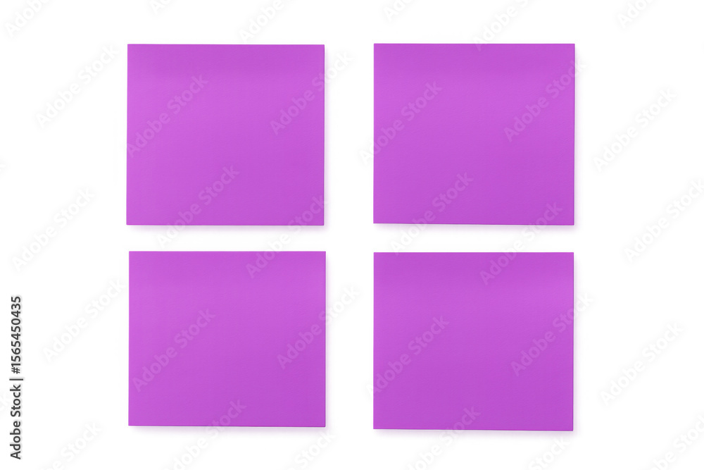 Poster four vibrant purple sticky notes arranged on a transparent background, providing ample space for cus