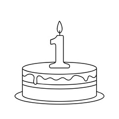 1st birthday cake with frosting and number 1 candle, isolated vector illustration on white or transparent background
