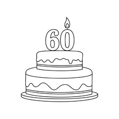 60th birthday cake with frosting and number 60 candle, isolated vector illustration on white or transparent background