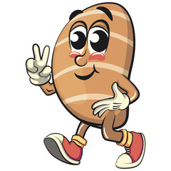 cute salted butter roll mascot cartoon vector illustration walking with peace sign, bakery bread character with happy face and red shoes isolated on transparant backnground, work of hand drawn