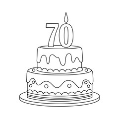 70th birthday cake with frosting and number 70 candle, isolated vector illustration on white or transparent background