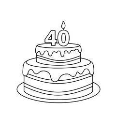 40th birthday cake with frosting and number 40 candle, isolated vector illustration on white or transparent background