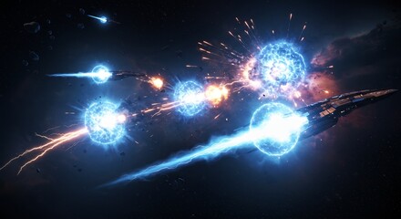 Intense Space Battle: Spaceships Firing Energy Weapons Amidst Asteroids and Explosions