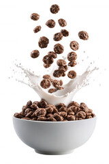 Chocolate Cereal with Milk Splash in White Bowl on Transparent Background