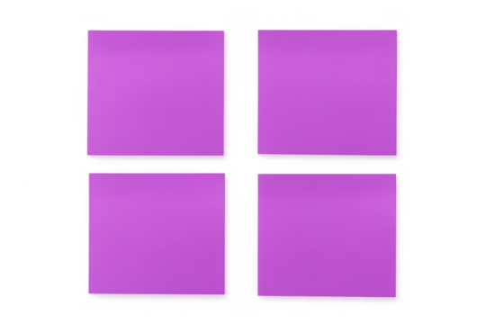Four vibrant purple sticky notes arranged on a transparent background, providing ample space for customized text or design elements