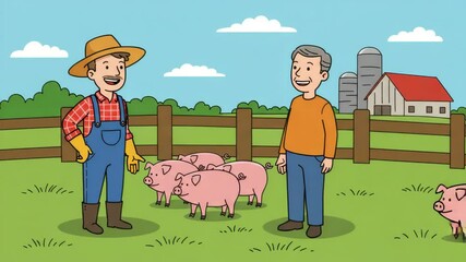 Two men chat and laugh in the sun, sharing pig care and farming tips at the farm