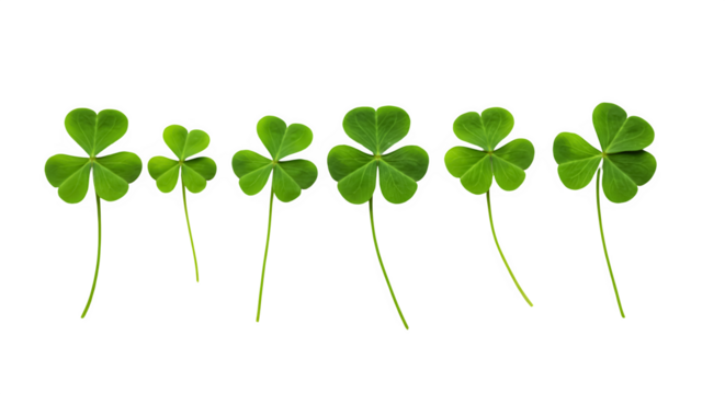Row of Fresh Green Shamrock Plants, Lucky Clover isolated on transparent background
